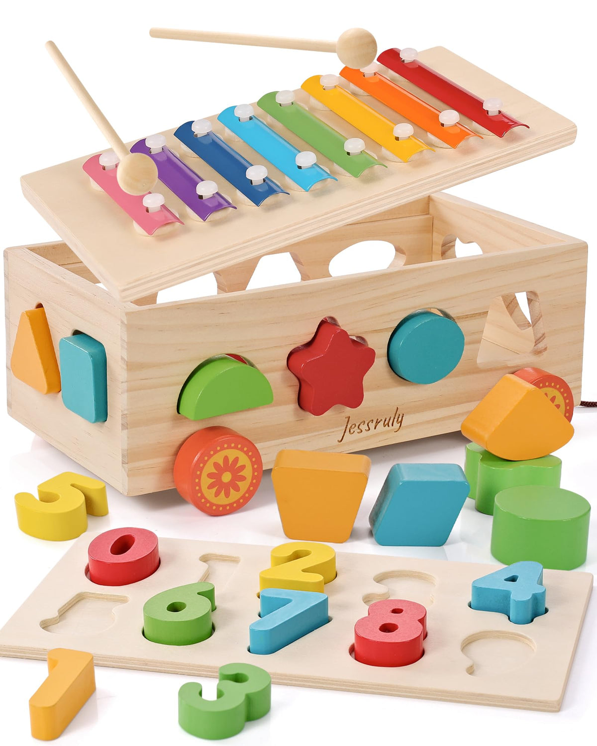 Jessruly Shape Sorter - Wooden Xylophone and Montessori Number Puzzle Set for Babies - Educational Sorting Game with Storage Car for Toddlers