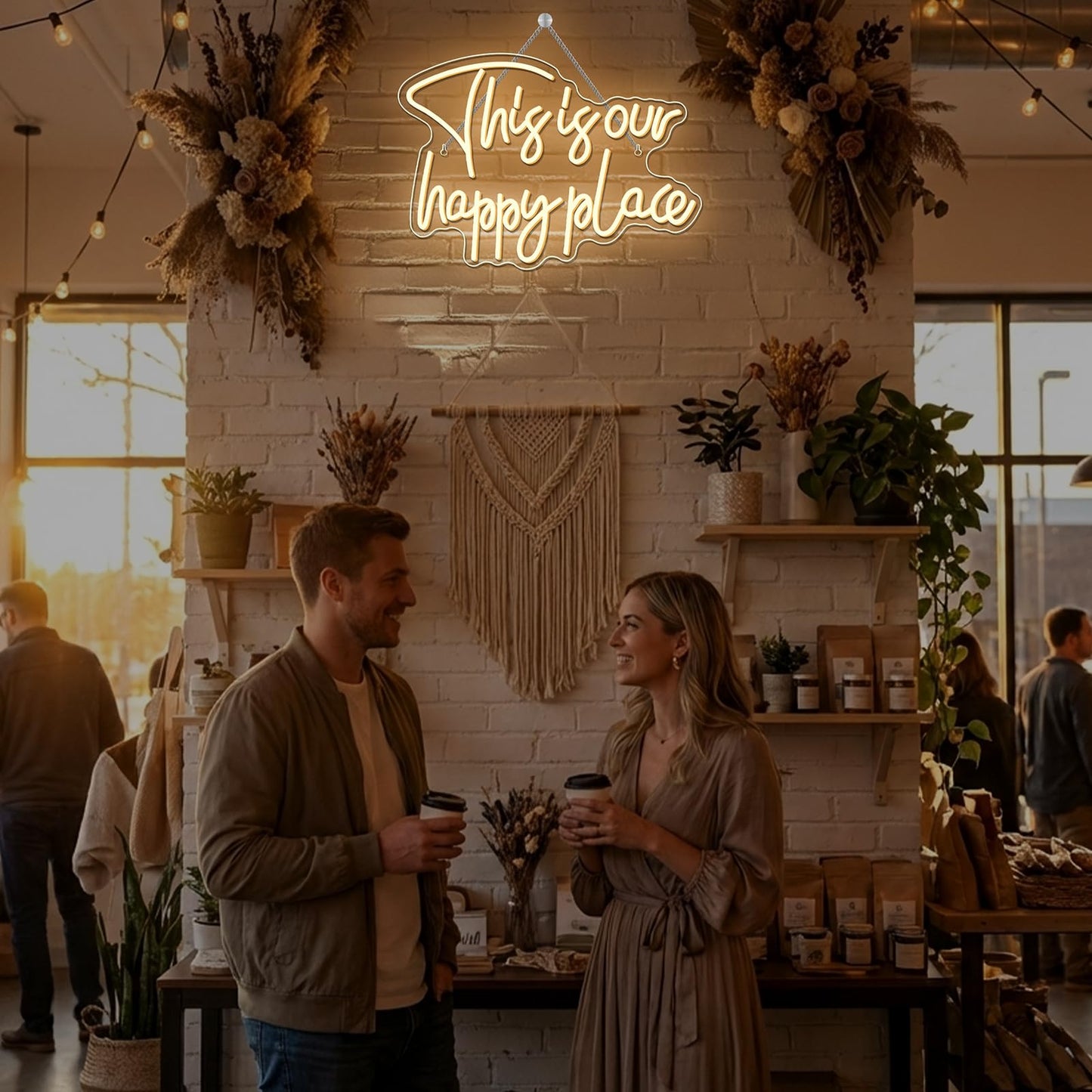 NOSUN This is Our Happy Place Neon Sign,Neon Signs for Wall Decor Happy Place Warm White LED Light Room Decor for Bedroom Classroom Man Cave Home Bar Birthday Party Decor Neon Classroom Sign Dimmable USB Power