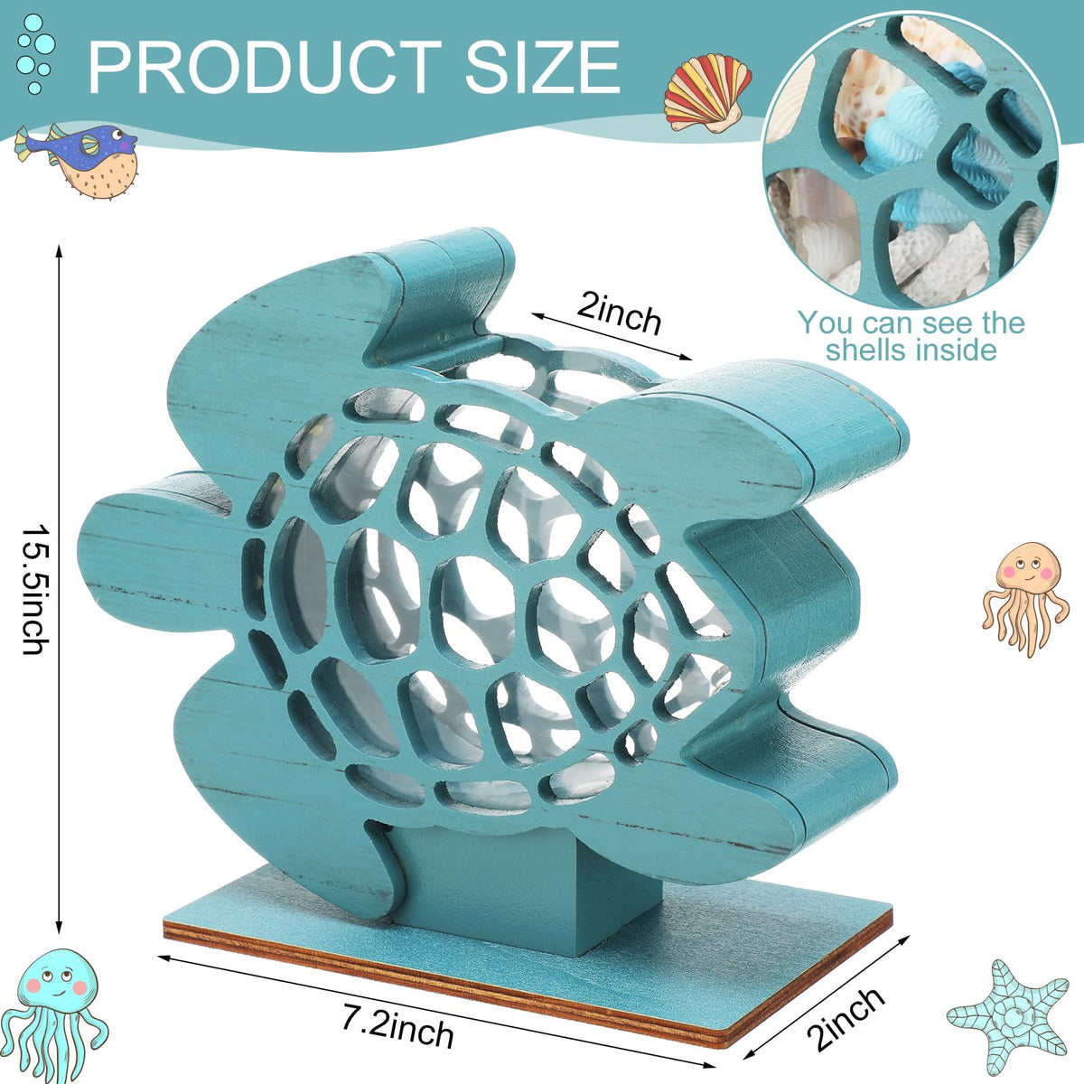 CroBlissful Green Sea Turtle Seashell Holder Seashell Display Box Wooden Small Starfish Shell Display Case with Acrylic Clear Window Shark Tooth Collection Box for Shells Sea Rock Home Decor Present