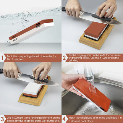 SHAN ZU Sharpening Stone, Whetstone with Angle Guide Non-Slip Bamboo Base grit 1000/6000 Knife Sharpeners, Professional 2-in-1 Wetstone