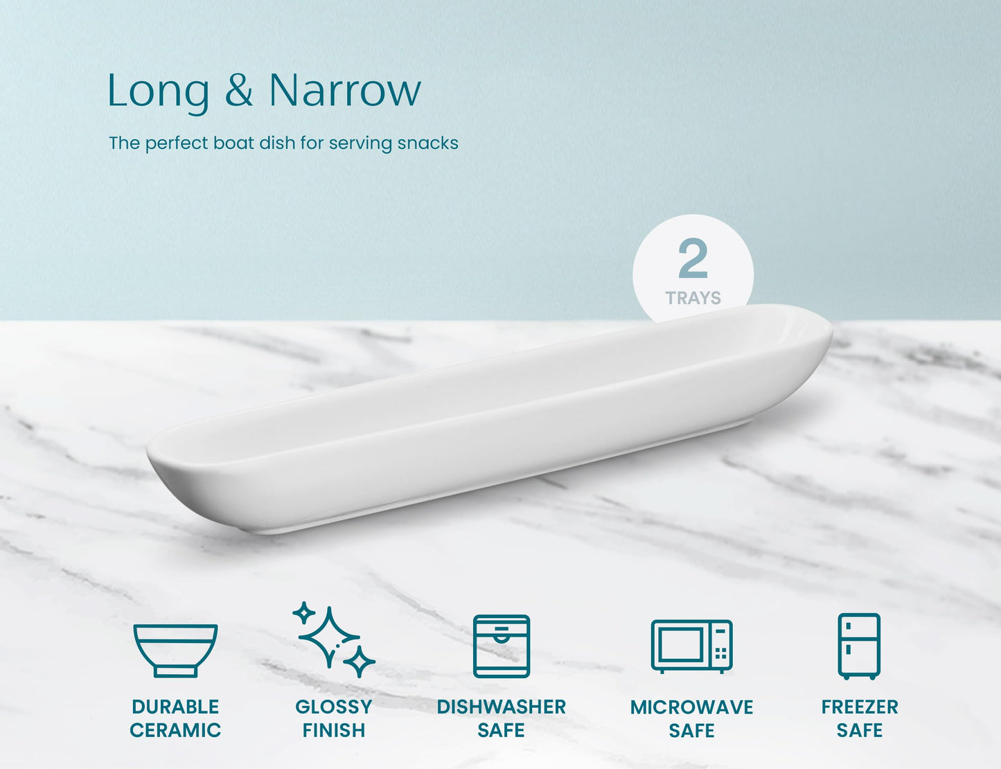 KooK Olive Boat Tray, Set of 2, Charcuterie Tray, Grazing Table Supplies, Charcuterie Board Accessories, Ceramic Serving Dish, Narrow Canoe, Cheeses and Appetizers, Dishwasher Safe, 12”, White