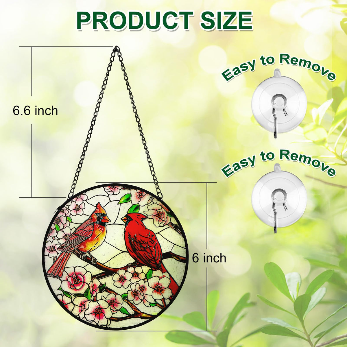 Remiawy Cardinal Stained Glass Window Hanging, 6 Inch Sun Catcher Glass Panel with Metal Chain and Hooks Suncatcher Indoor Window Wall Art Home Decor Gift for Bird Lovers Women Mother's Day Christmas