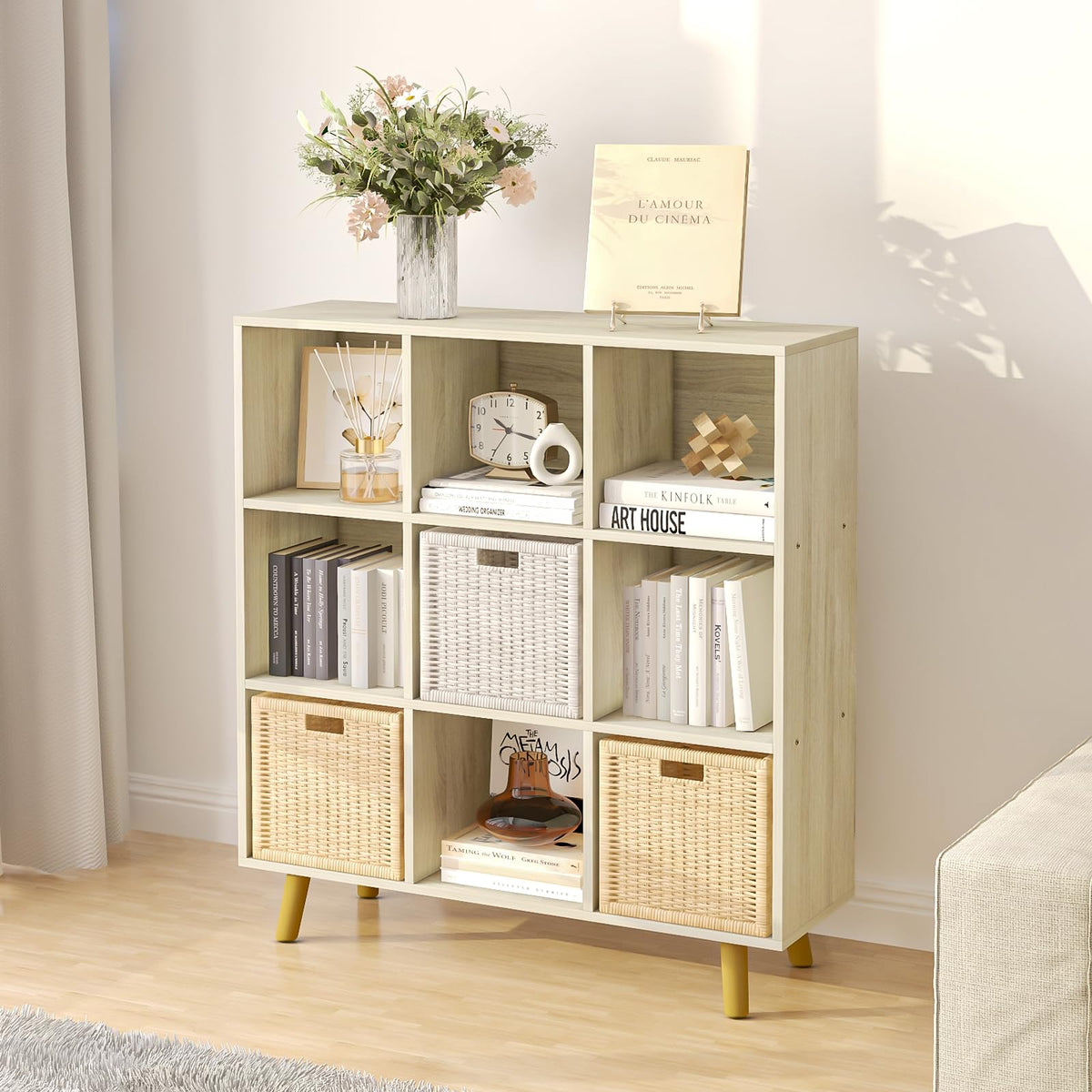 ELYUP 9-Cube Open Shelf Bookcase - 3-Tier Wooden Floor-Standing Bookshelf with Legs and Backpanel, Ideal for 11-inch Fabric Storage Bins and Miscellaneous Organizer, Oak