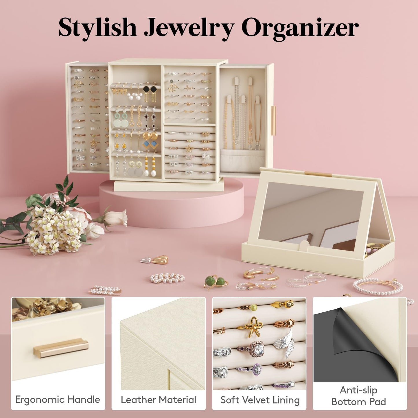 Lifewit 360° Rotating Jewelry Box, Top Magnetic Box wth Mirror, 2 Sides Plus 2 Large Drawers, Jewelry Organizer and Storage Case for Ring Necklace Earring Bracelet, Gift Idea, Creamy White