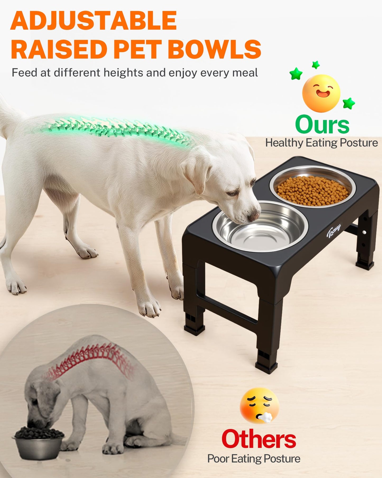 Toozey Raised Dog Bowl Height-Adjustable, Elevated Dog bowls with 2x 1200ml Stainless Steel Bowls, for Small Medium & Large Dogs, Non-Slip and No Spill, Black