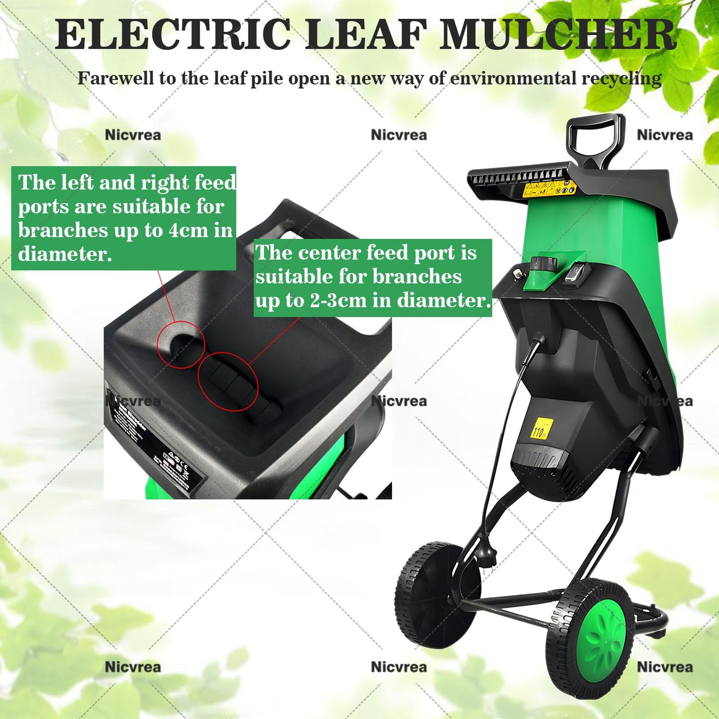 Leaf Mulcher,Electric Garden Shredder,Super Powerful Tree Branch Crusher,Wood Chippers, Shredders, Tree Branch Crusher,with 50L Collection Bag, Suitable for Garden