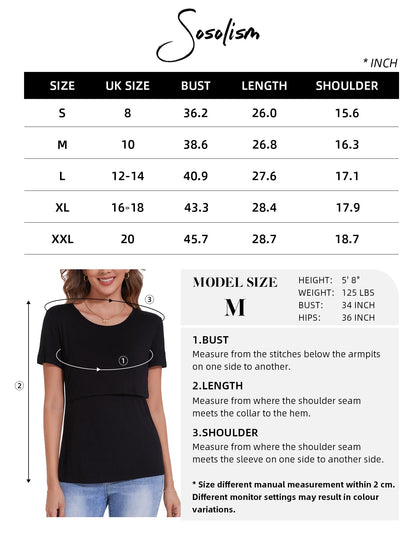 Sosolism 3 Pack Nursing Tops Summer Short Sleeve Breastfeeding Shirts Casual Pregnancy Postpartum Tshirts for Women Black, Dark Grey, Striped, Large