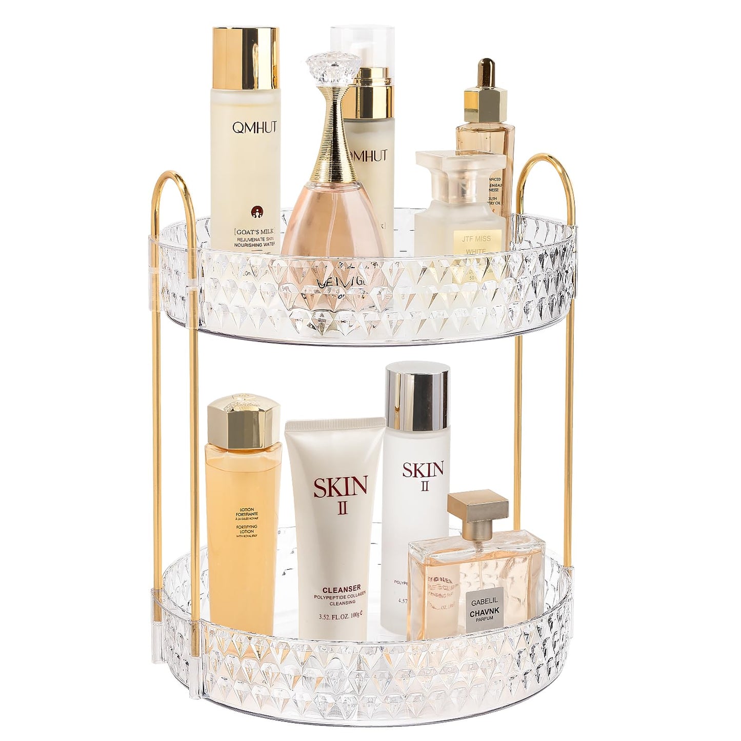 Rotating Makeup Organizer for Vanity, 2 Tier Perfume Skincare Storage for Women, Bathroom Counter Organizer, 360° Spinning Cosmetic Holder for Dresser Countertop, Clear