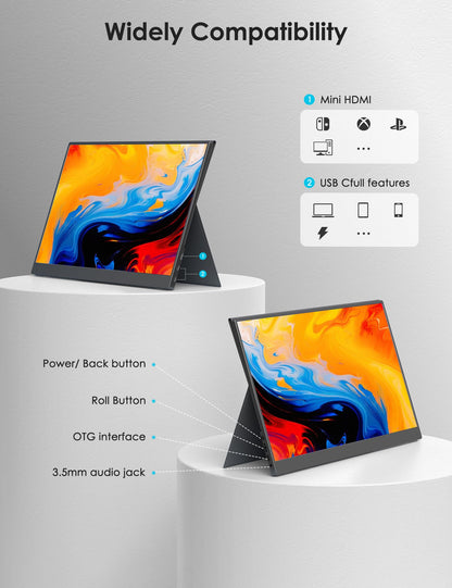 Portable Monitor 15.6 Inch 1080P USB-C HDMI Ultra-Slim Travel Monitor with Kickstand, for Laptop, PC, Mac Phone, PS, Xbox, Swich IPS Ultra-Thin Zero Frame Gaming