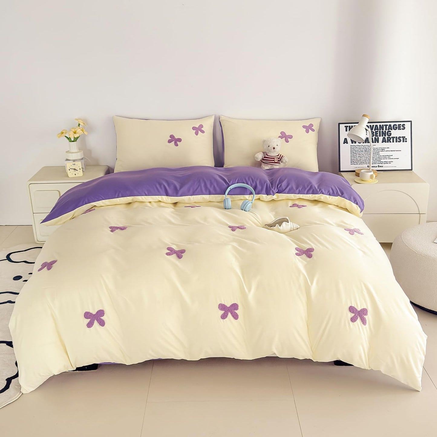 Tailor Shop Queen Size Girls Bedding Set 5 Pieces Pink Bedding Tufted Chenille Bowknot Embroidery White Comforter Girls Purple Comforter