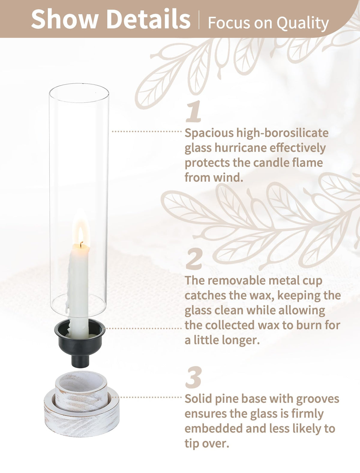 NUPTIO Dripless Candlestick Holders with Wax Catchers for Easy Cleaning: Set of 2 Hurricane Glass Candle Holders with Metal Bobeches - White Wood Farmhouse Home Decor for Wedding Table Centerpiece