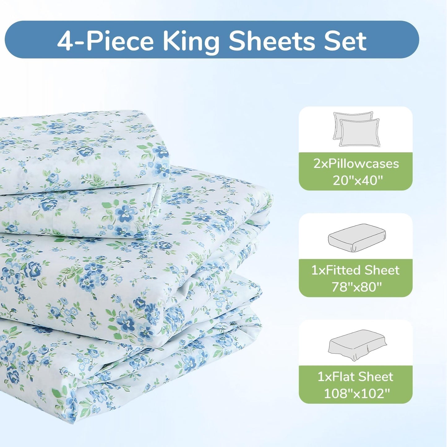 MUXHOMO King Size 4 Piece Sheet Set, Soft Breathable Bed Sheet Set for Bedroom with Deep Pocket Up to 16", Wrinkle-Free & Cooling Bedding for Oeko-TEX Certified - Blossoms Light Blue
