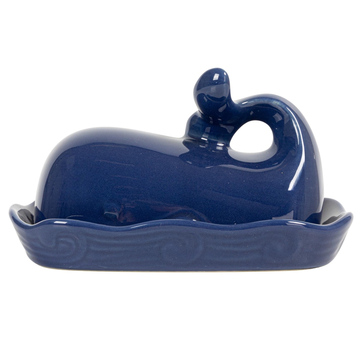 Creative Co-Op Dark Blue Whale Shaped Butter Dish with Lid