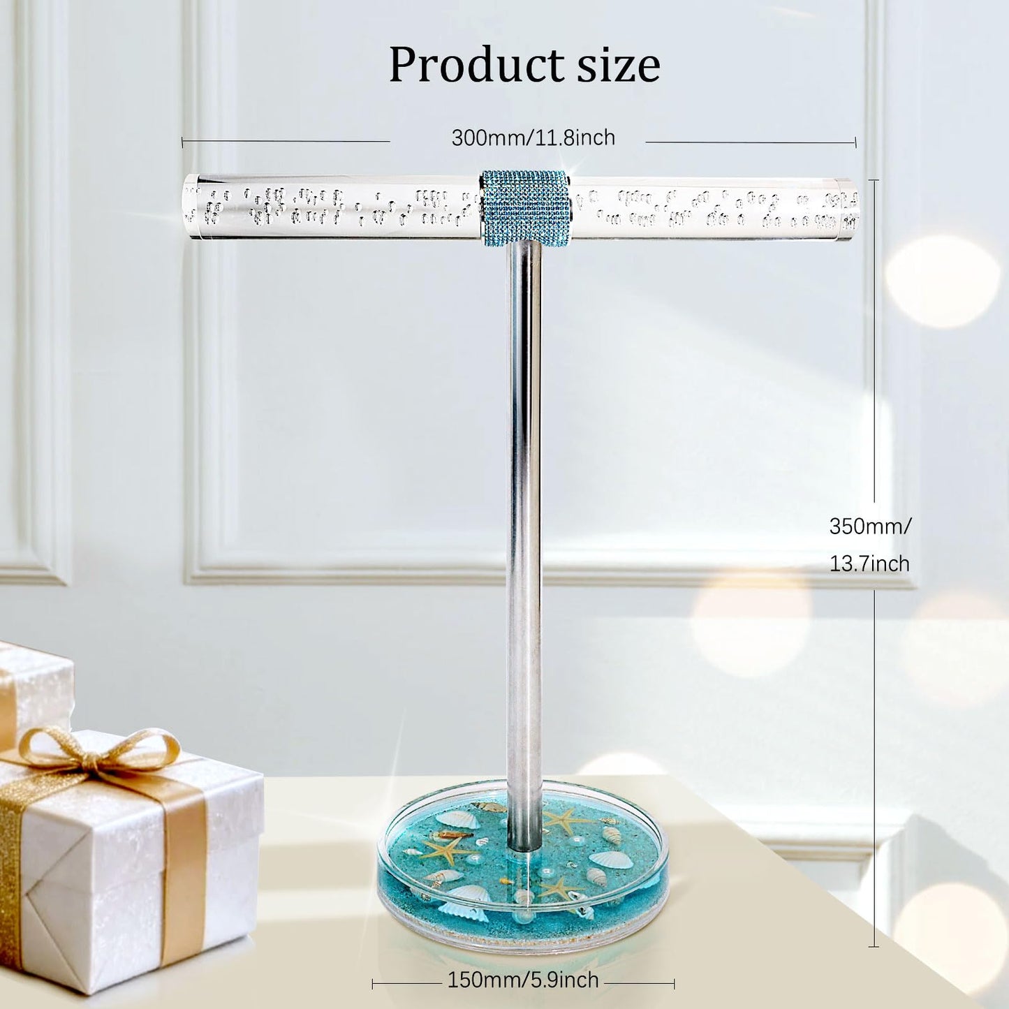 FONMY Jewelry Organizer Countertop Acrylic w/Nature Seashell Handmade,Seascape Standing Jewelry Holder W/Blue crystal for Bedroom Bathroom w/Weighted Base,Unique Gifts