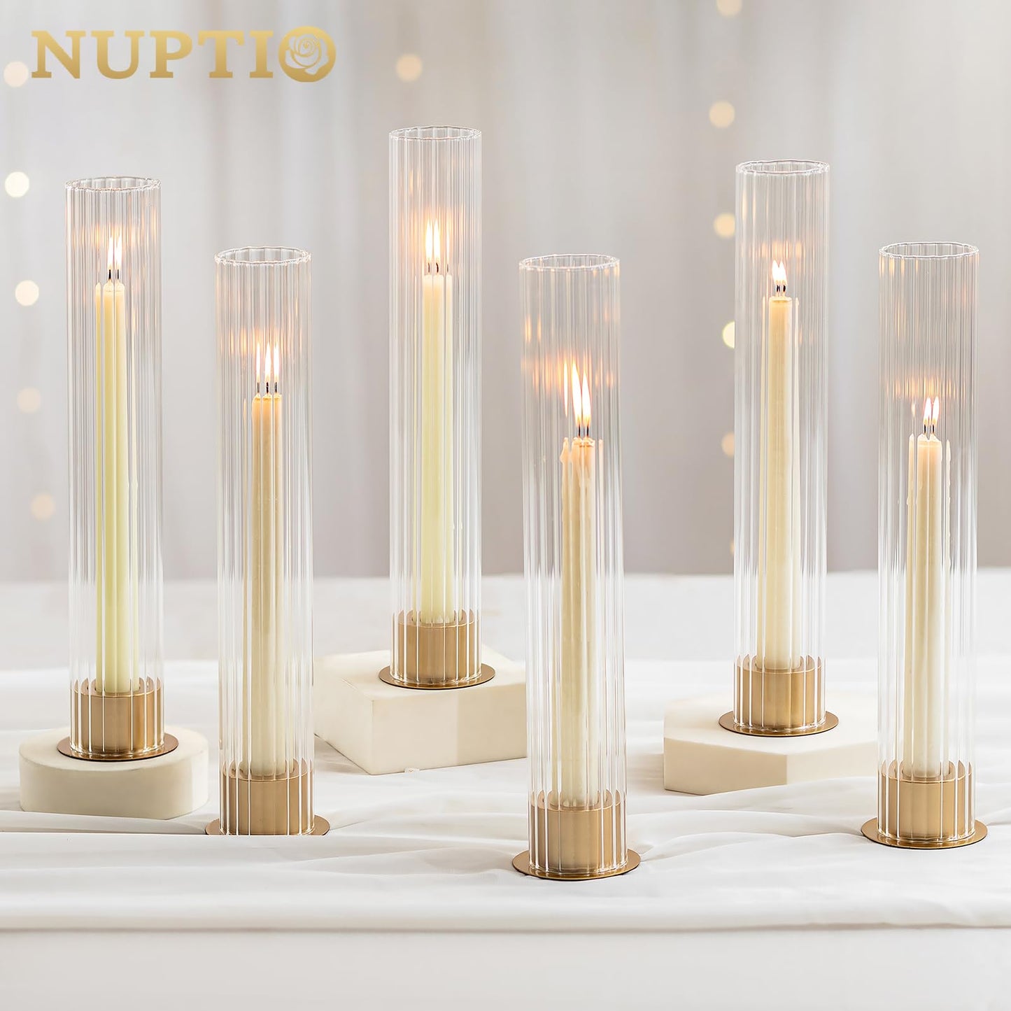 NUPTIO Hurricane Candle Holder for Centerpiece: Set of 10 Metal Taper Candle Holders with Fluted Glass Cylinders - Gold Candlestick Holders Bulk for Outdoor Party Dinner Wedding Table Decoration