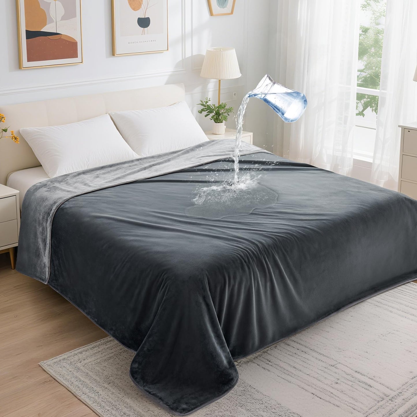 LOOBANI Waterproof Blanket for Bed: Reversible Soft Flannel Twin Bed Blanket 60" x 80", Leakproof Throw Spill-Proof Dog Pet Blanket for Couch Cover, Movie Time, Camping, Travel, Grey