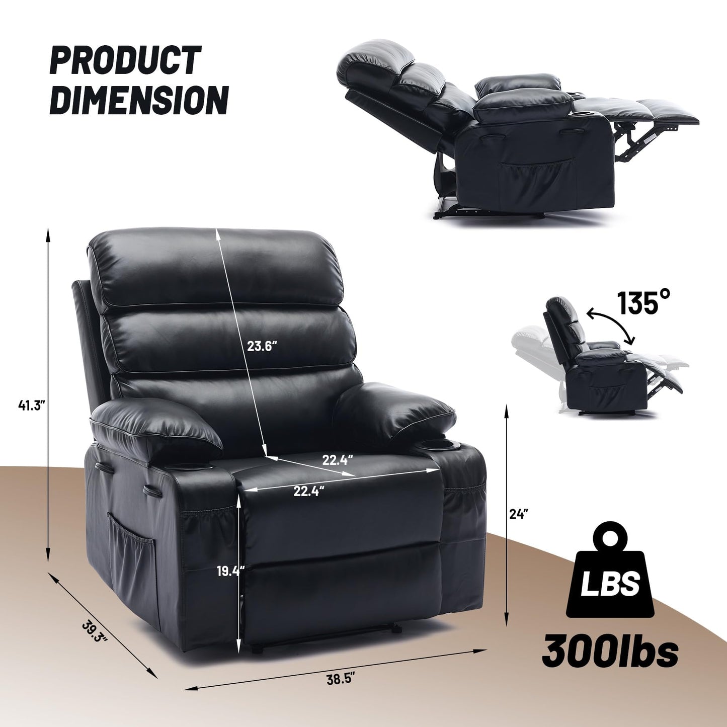 PU Leather Recliner Chair with Heat & 8-Point Massage, Extra Wide Manual Recliner for Adults, q235 Steel Frame, Side Pockets, 1.5X Comfort Arm & Back, Lazy Boy Sofa for Living Room or Bedroom - Black