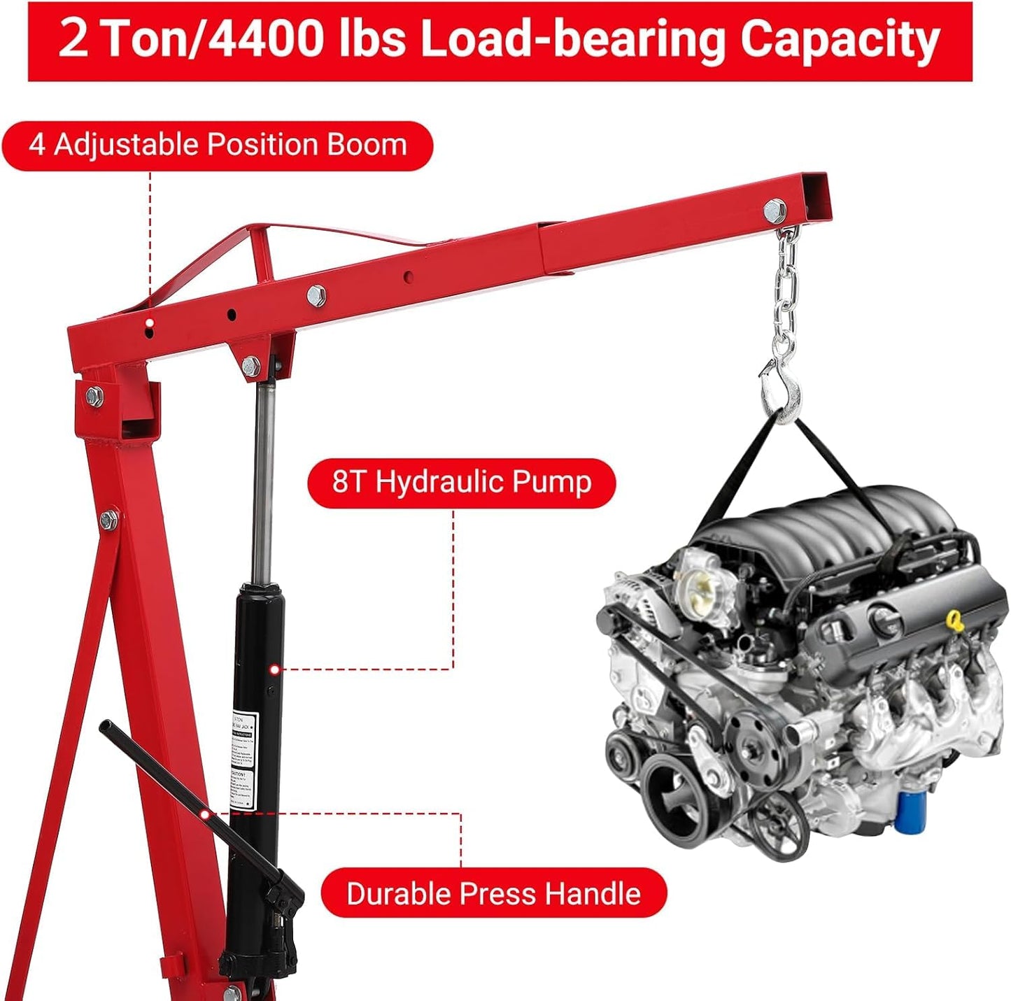 GarveeTech 2-Ton Folding Engine Hoist Cherry Picker 4400 Lb Capacity Hydraulic Shop Crane with Telescoping Boom 6 Caster Wheels for Automotive Repair Garage Use Includes Hitch and Storage Stand Yellow