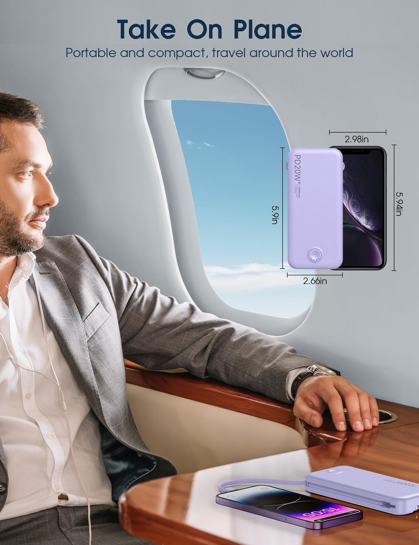 Nusyddy Portable Charger, 10000mAh PD20W Fast Charging Power Bank with Built-in Cables & Wall Plug, Travel Essential External Battery Pack, USB C Battery Phone Charger for iPhone, iPad, Samsung Purple