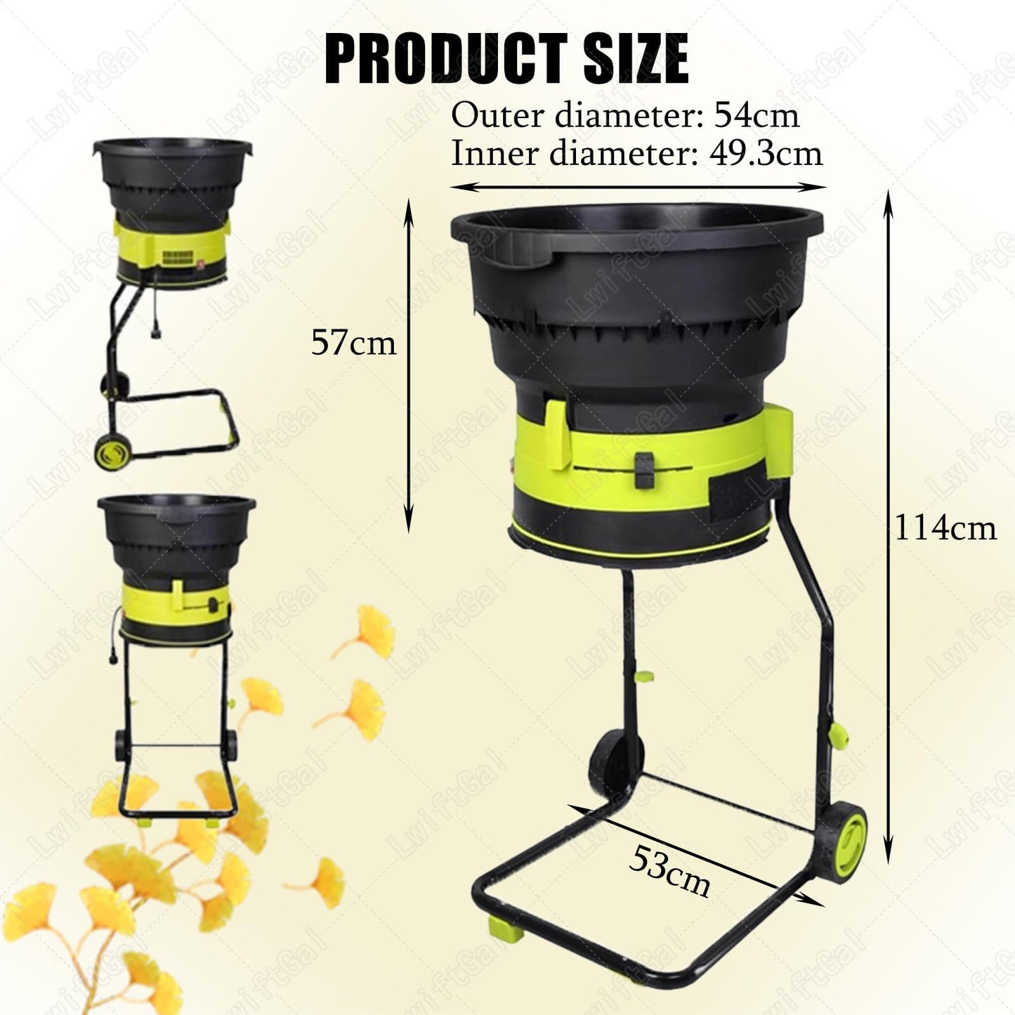 LwiftGal Garden Leaf Crusher with Wheels and Storage Bag, Electric Leaf Mulcher Compost Shredder 2500w, 8000rpm Electric Chipper for Yard Cleanup, Composting 30mpowercord