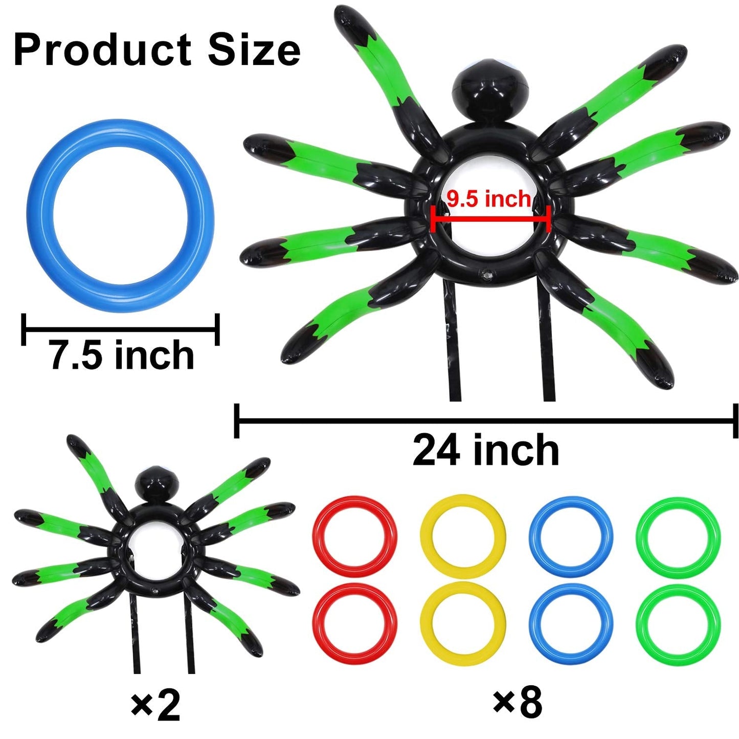 10 PCS Giant Halloween Ring Toss Games Inflatable Spider for Kids Adult Indoor Outdoor Carnival Family Party Games Spider Toys Halloween School Party Favors (2 Giant Spiders, 8 Rings)