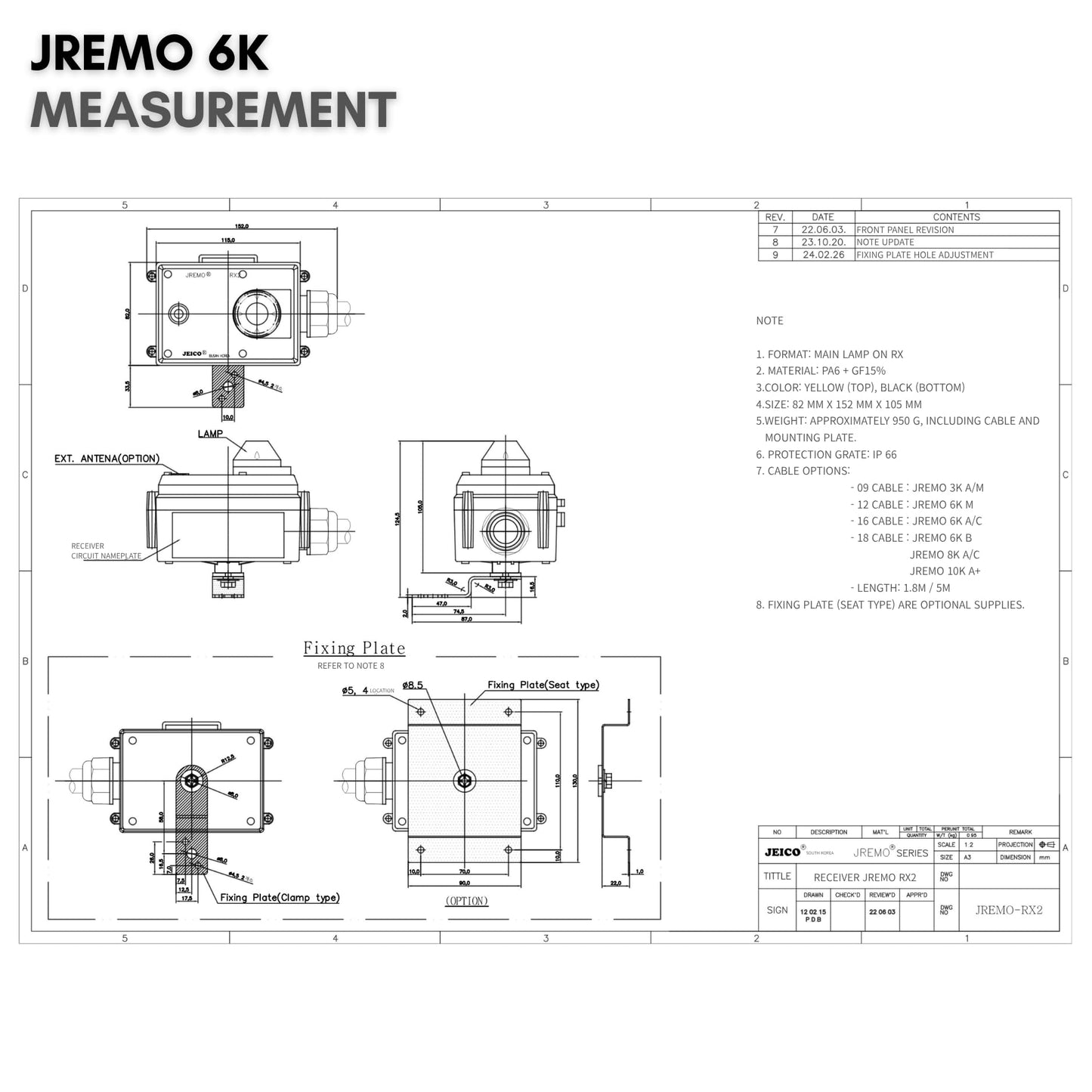 JEICO Crane Hoist Industrial Wireless Remote 6 Buttons Controller JREMO 6K (1 Transmitter + 1 Receiver) Yellow, Made in Korea