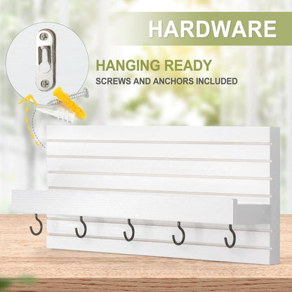Lwenki Decorative Key Holder for Wall with Shelf, Entryway Shelf with Hooks Holds Leashes, Jackets and Glasses – Sturdy Wood Keyholder Entrance Hanger with Mounting Hardware (White, Medium)