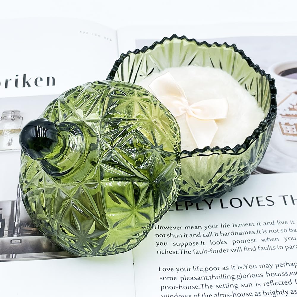 EWEIGEER Colorful Crystal Glass Candy Snack Barrel Storage Jar Embossed Luxury Cookie Buffet Canister With Lids Jewelry Box Jar Biscuit Containers(Olive Green Color)