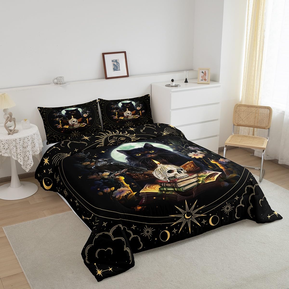 Trippy Cat Comforter Set Full Size,Sun and Moon Kids Quilt Set Gothic Sugar Skull Crow Print Bedding Set for Girls Boys Adult Room Decor,Exotic Daisy Floral Duvet Insert,2 Pillowcases,Black