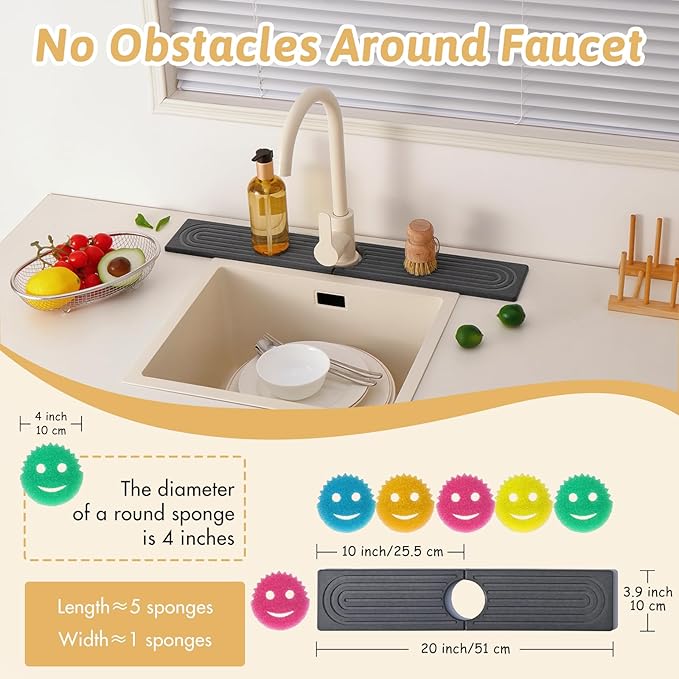 Diatomite Sink Mat around Faucet, Instant Dry Stone Sink Tray Cleaning Tools