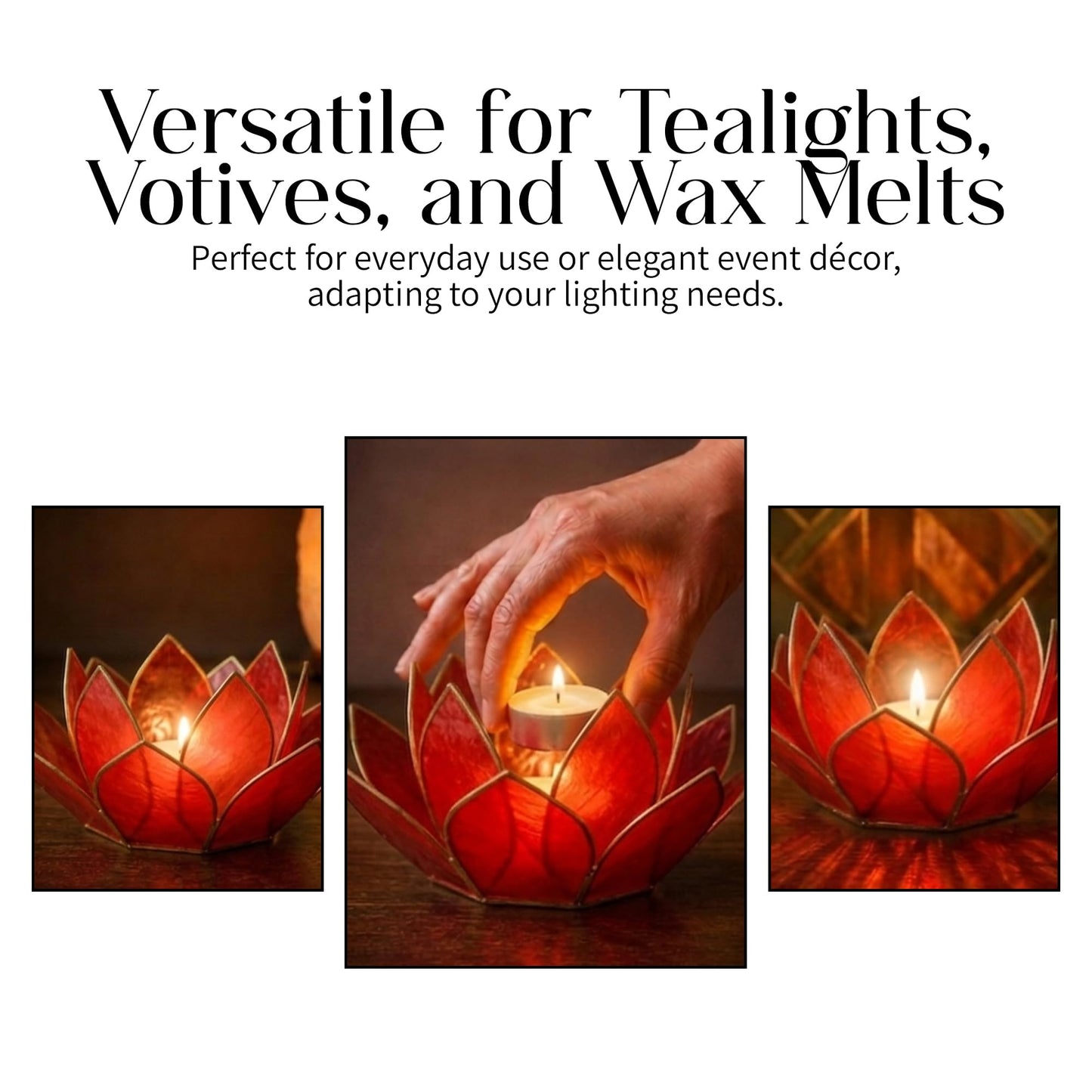 Om Gallery Mini Gemstone Lotus Tealight Holder - Handcrafted Capiz Shell Design for Soft Glow, Elegant Home & Table Decor, Wedding Centerpiece, Votive Candle Styling & Thoughtful Gifting - Ruby