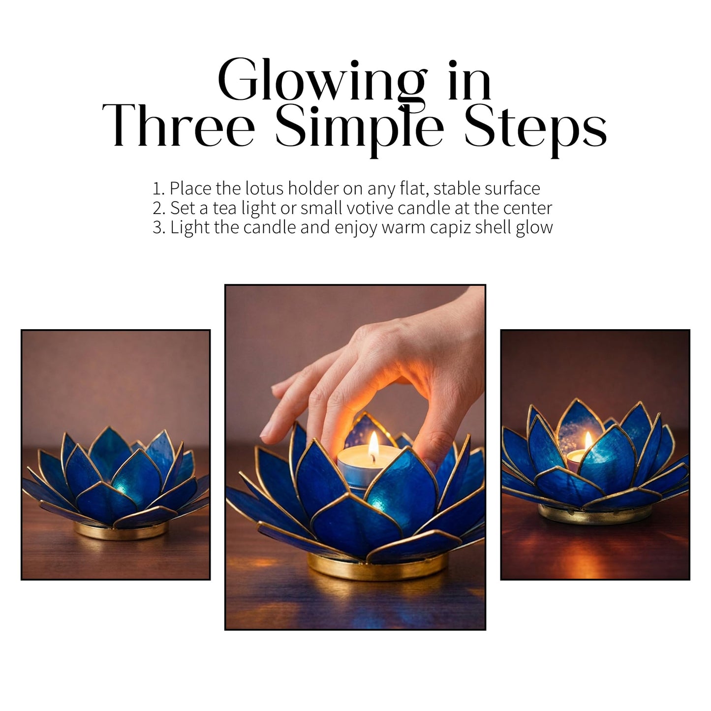 OM Gallery Gemstone Lotus Tealight Holder - Handcrafted Capiz Shell Design for Soft Glow, Elegant Home & Table Decor, Wedding Centerpieces, Votive Candle Styling, and Thoughtful Gifting - Sapphire