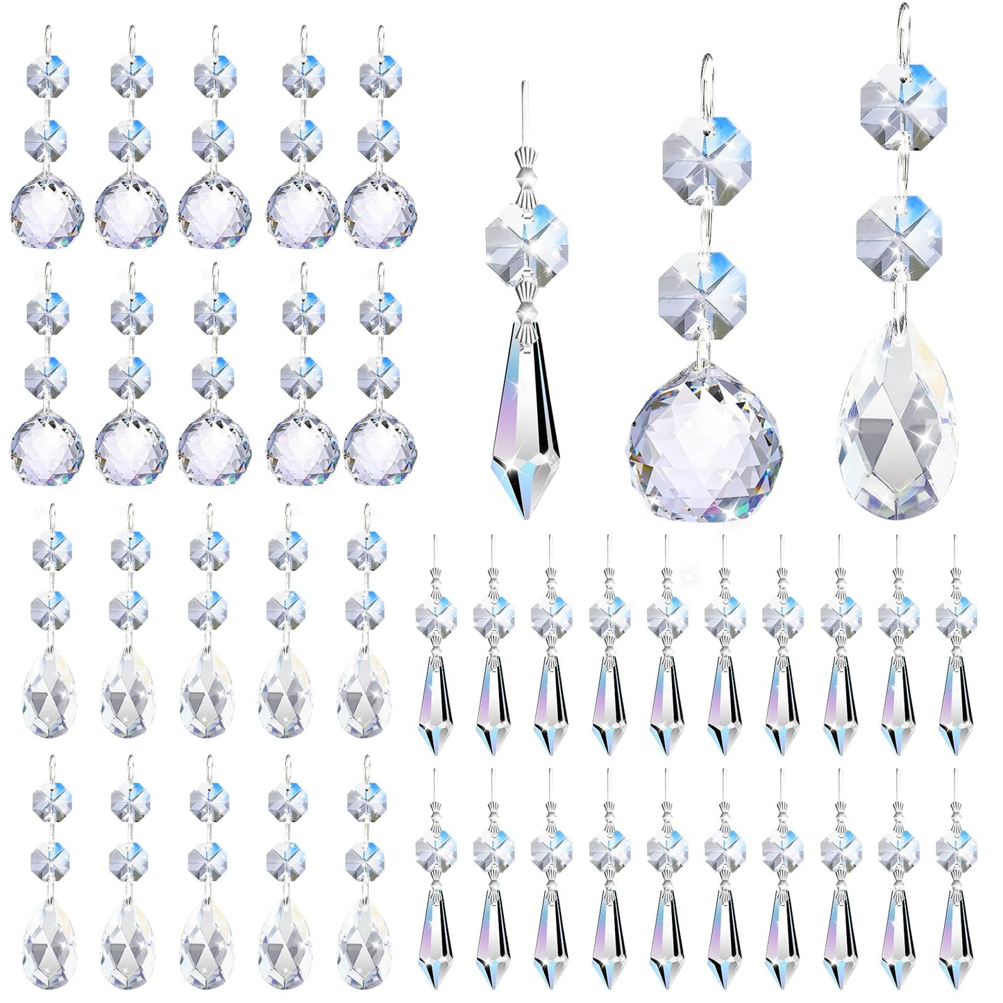Milkary 44 Pack Chandelier Crystal Prism Replacement, 38mm Hanging Clear Crystal Glass Bead Prisms 20mm Chandelier Crystals Modern for Foyer Wedding Lamp Windows Christmas Tree Decoration