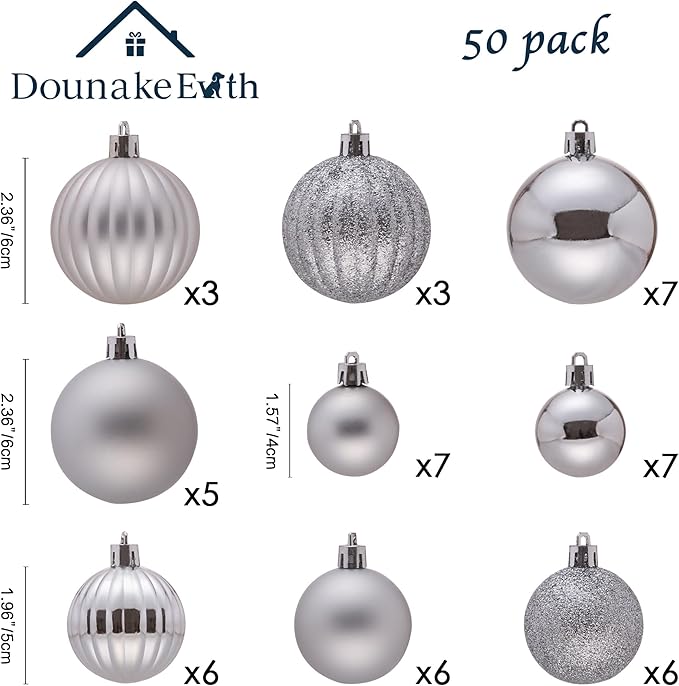 50ct Christmas Balls Ornaments for Xmas Tree, Silver Shatterproof Christmas Tree Decorations Hanging Ball for Holiday Party Decor(1.57"-2.36")