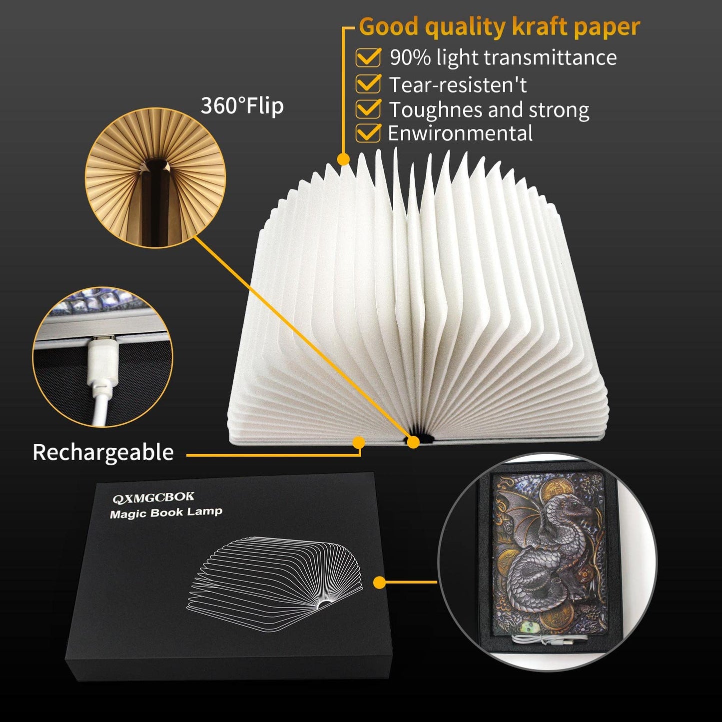 QXMGCBOK Folding Book Lamp Dragon Night Light, Portable Bedside Light (3 Colors) - Gift for Readers & Teens