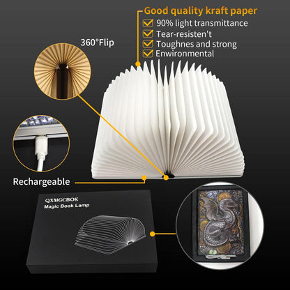 QXMGCBOK Folding Book Lamp Dragon Night Light, Portable Bedside Light (3 Colors) - Gift for Readers & Teens