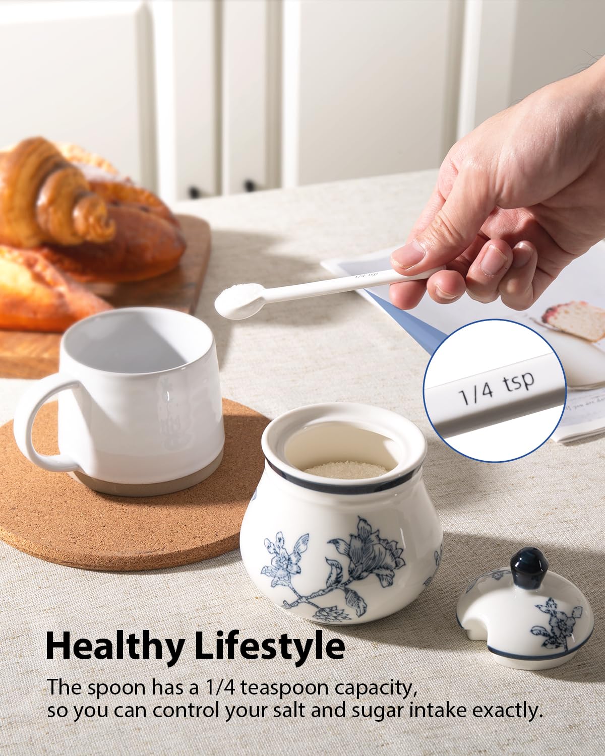 Magclay Ceramic Sugar Bowl with Lid and Spoon, 11Oz Sugar Container for Coffee Bar, Blue and White Sugar Jar/Dispenser, Flowers and Branches
