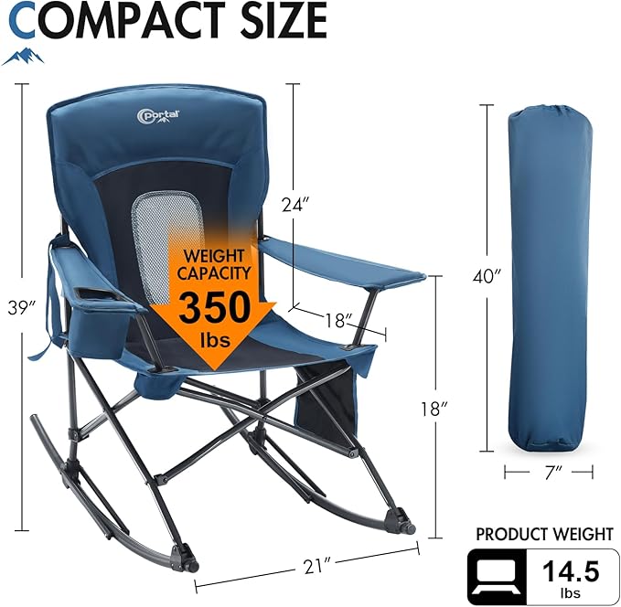 Portal Outdoor Rocking Chair Camping Folding Portable Rocker with Cup Holder Side Pocket Carry Bag, Support 350LBS (Mesh Blue)