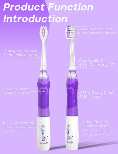 SEAGO Kids Electric Toothbrush with 2 Mins Brushing Timer and 8 Replacement Bursh Heads,Rainbow LED Light Make Brushing Fun, Pink Color Girls Battery Powerd Toothbrush for 4-12 Years Old