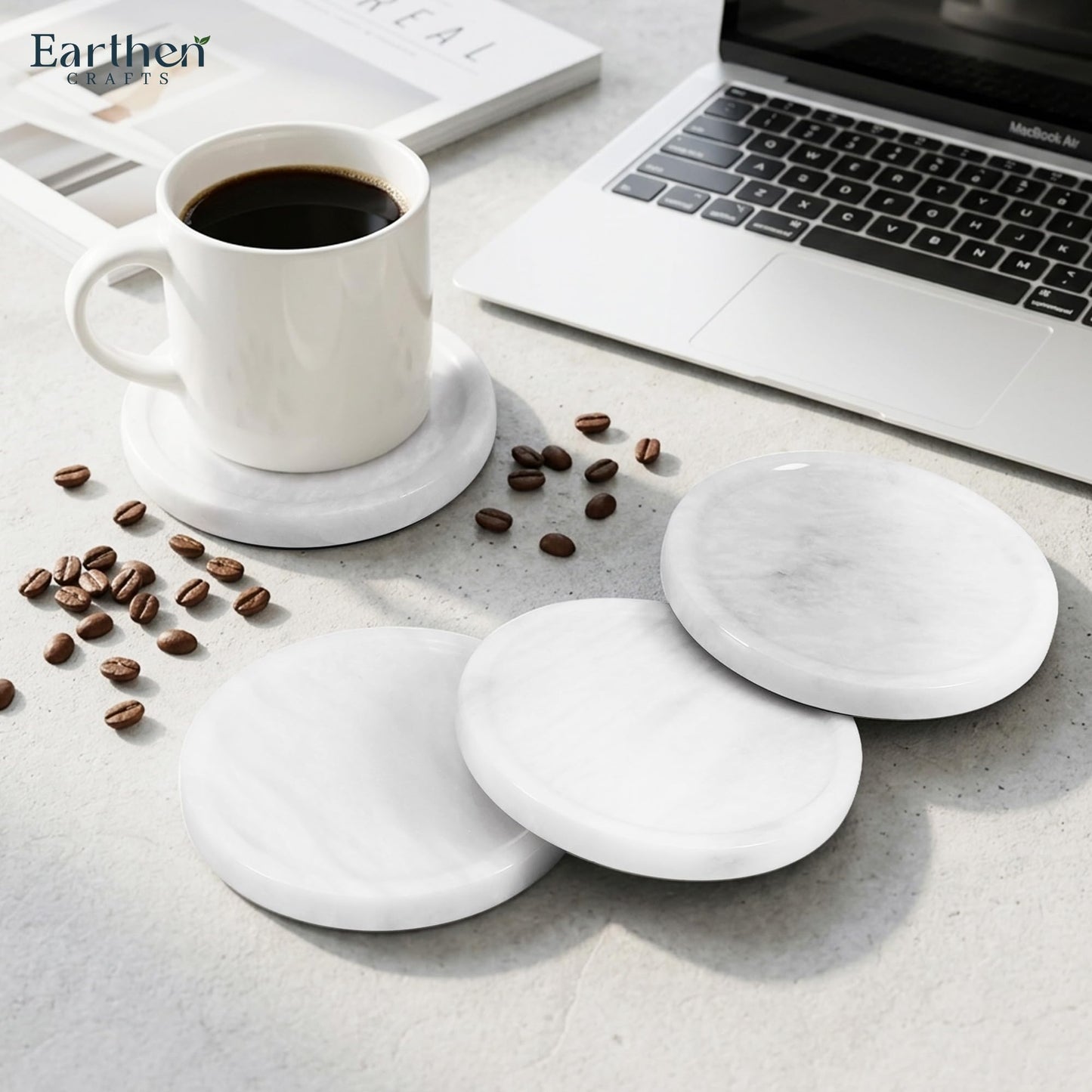 Earthen Crafts Marble Coasters Set of 4 for Drinks Countertop 4 Inches Round White Stone Drink Coaster for Kitchen Counter, Ideal for Home Decor House Warming Gifts