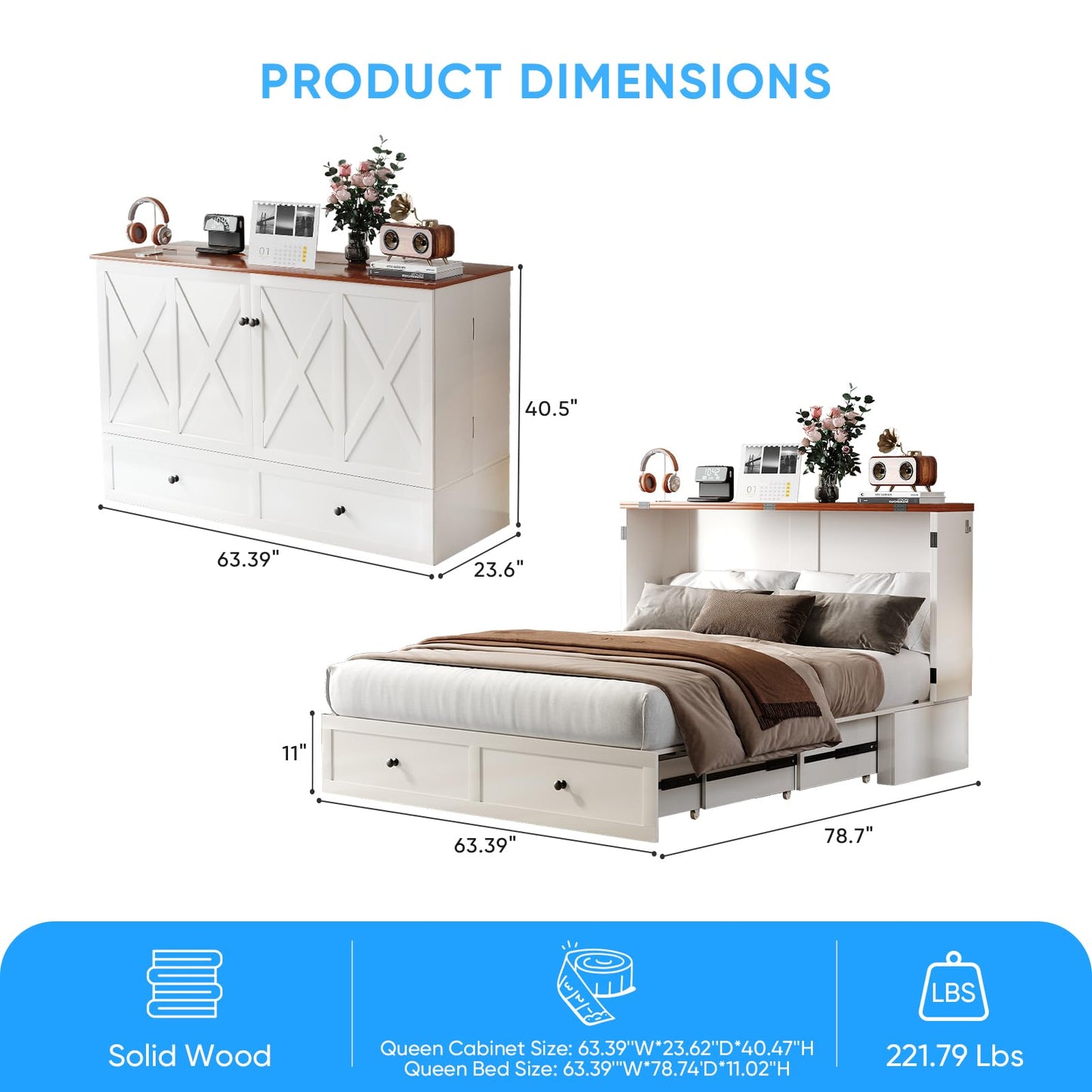 Mjkone Queen Murphy Bed with Tri-Fold Mattress, USB Charging Station & 2 Storage Drawers, Hidden Folding Chest Cabinet Bed, Space Saving Wall Beds for Bedroom Guest Room Living Room-White