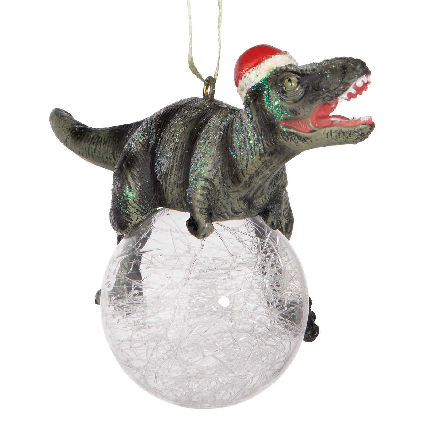 Design Toscano Blitzer the T Rex Dinosaur Christmas Tree Ornament, 5 Inch Long, Cast Stone Resin with Glass Ball, Green Glitter Finish