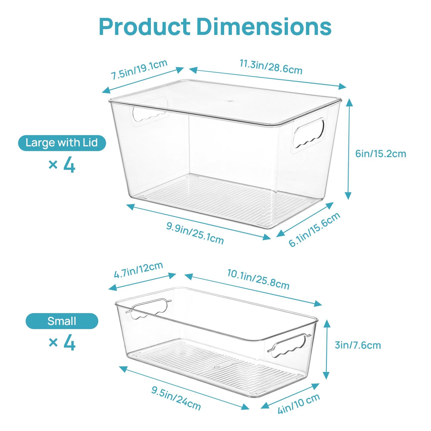 Vtopmart 8 Pack Clear Plastic Storage Bins with Lid Set, 4 Large and 4 Small Pantry Organizers and Storage Bins with Handle, Storage Containers for Pantry, Kitchen, Fridge, Cabinet Organization
