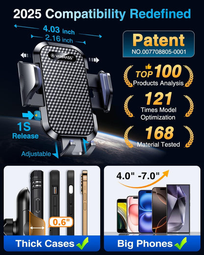 VANMASS No.1 Top BEST Car Phone Holder [Ultimate True Military-grade] Universal Mobile Cell Windscreen Dashboard Cradle Upgraded Suction & Clip Vent Van GPS Vehicle Mount for iPhone All Smartphones