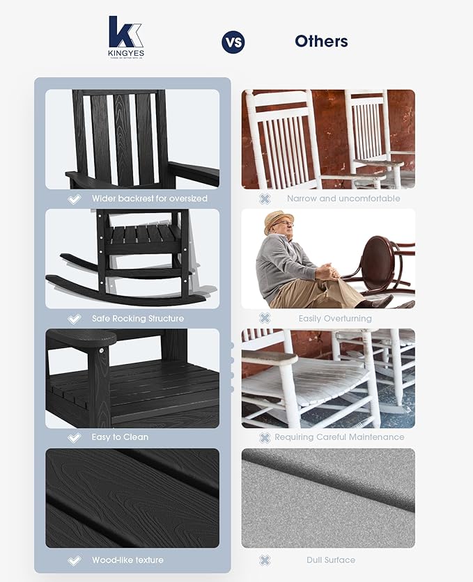 KINGYES Oversized Outdoor Rocking Chair Set of 8, All-Weather Patio Rocking Chairs for Porch, HDPE Outdoor Patio Rockers with High Back & Wide Seat for Garden, Lawn, Black