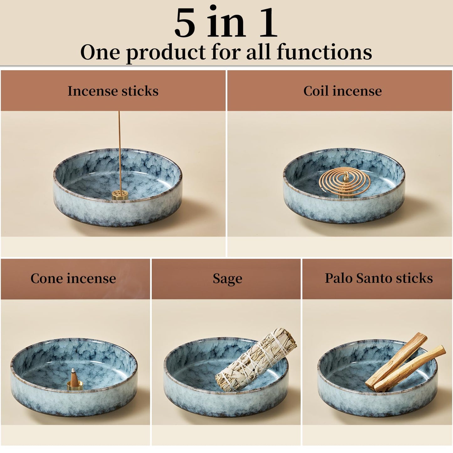 Fluvie 5.9" Ceramic Incense Holder with 10 Holes,5in1 Incense Tray for Sticks,Coil,Cone,Sage,Palo Santo,Handcrafted Burner Ash Catcher Smudge Bowl for Yoga Meditation Energy Cleansing Room Décor,Blue