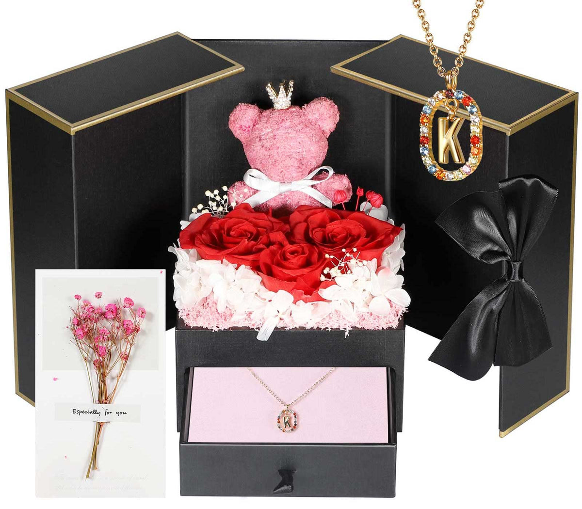 Mothers Day Birthday Gifts for Mom Women, Preserved Real Rose with Initial Necklace K, Forever Rose Jewelry Gift Box, Personalized Gifts for Women, Grandma, Wife, Girlfriend