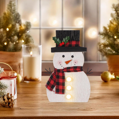 Christmas Decorations for Home LED Lighted Snowman Decor with Timer Farmhouse Merry Christmas Sign Wooden Rustic Red Plaid Scarf Tabletop Xmas Holiday Signs Party Indoor Room