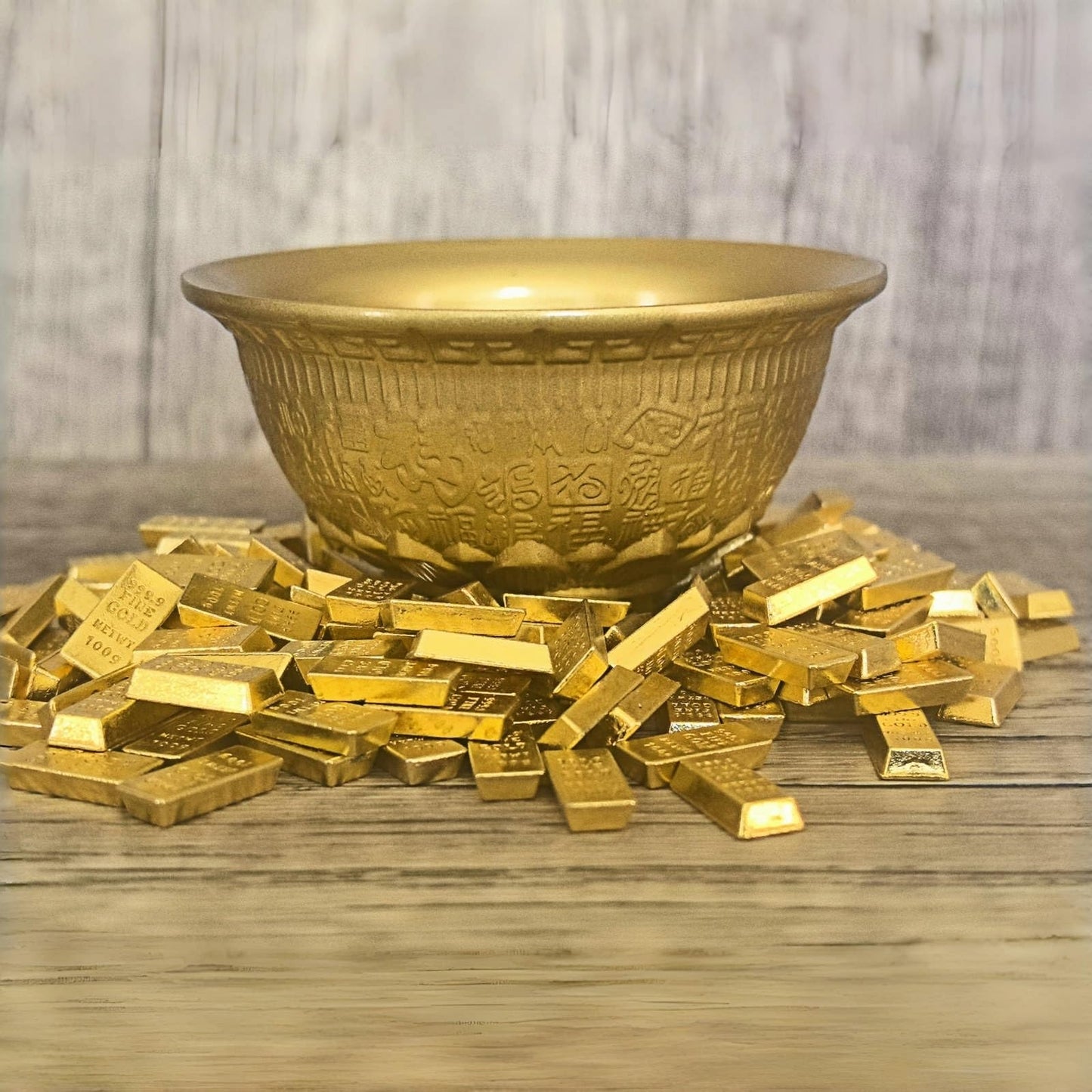 Solid Brass Feng Shui Money Bowl, 100 Fu Carved Bowl, Wealth Frog & Lotus Base, 200 Gold Bricks, 400g, 7.7x7.7x3.4cm, for Wealth Corner, Altar, Office Desk, Home,feng Shui Decor, Brings Abundance
