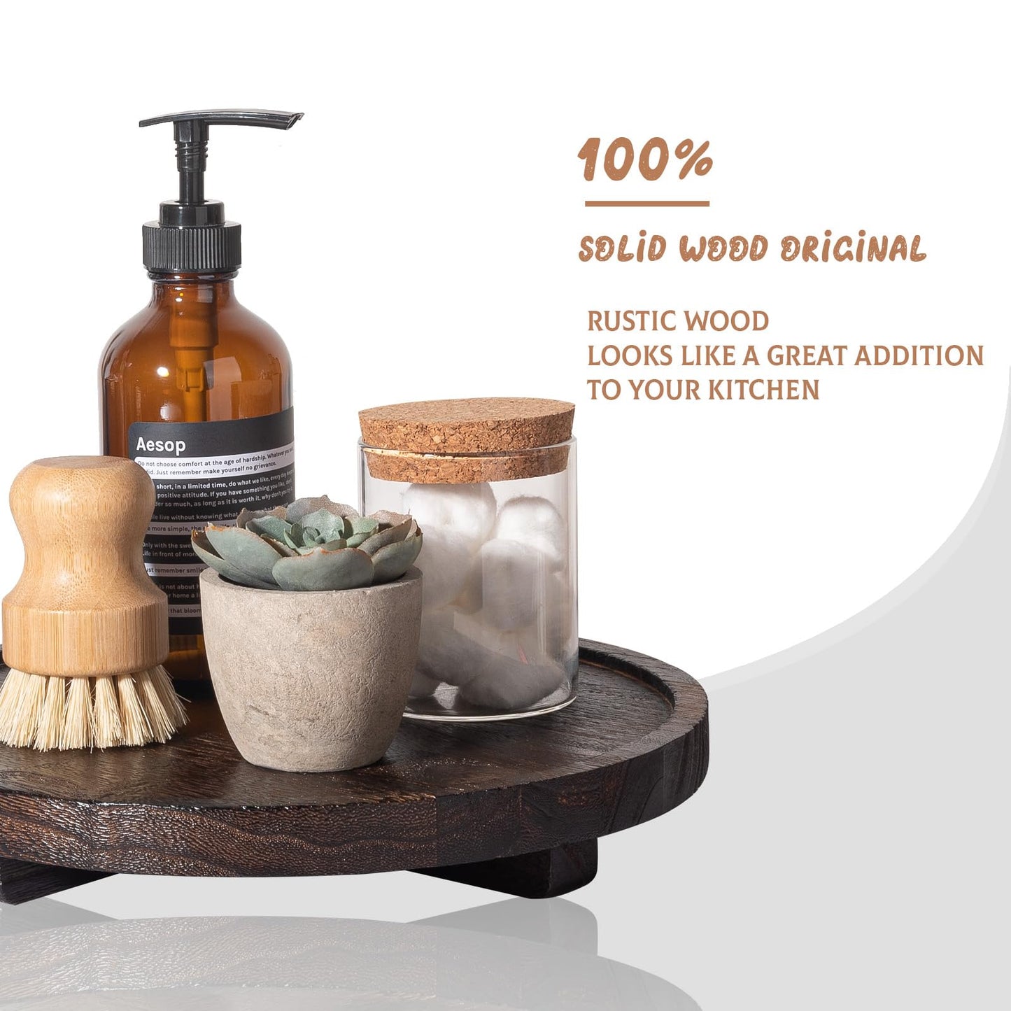 Round Decorative Tray Wood Bathroom Counter Organizer Farmhouse Kitchen Decor Wooden Riser for Soap Dish, Perfume, Candle, Sponge, 10" - Dark Brown